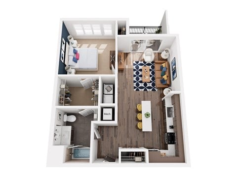 Floor plan for 1 bed, 1 bath, 735 sqft